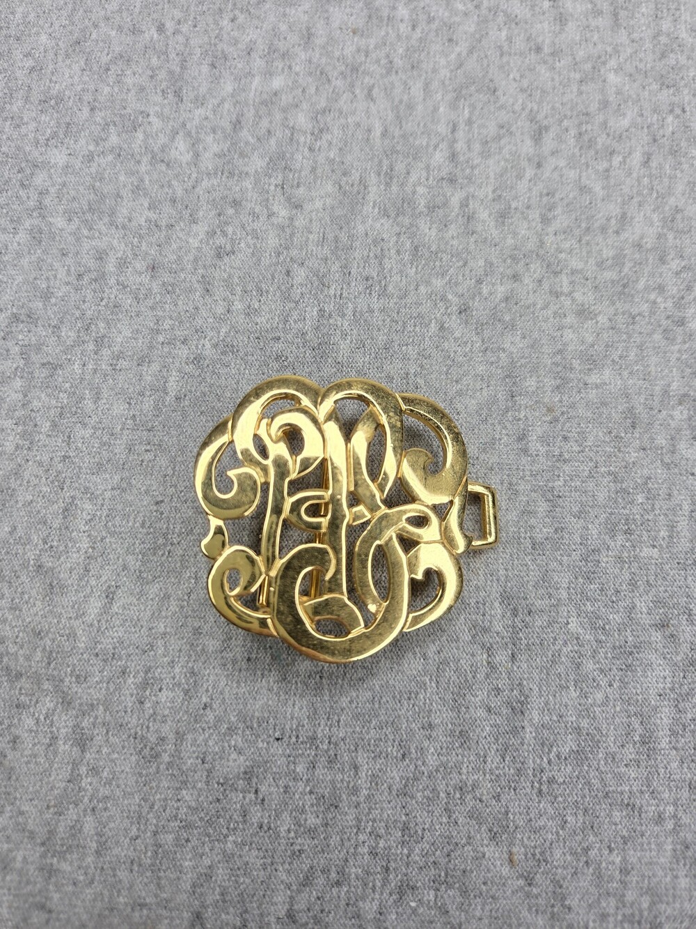 Vintage Gold Tone Monogram Scarf Clip Womens Openwork Script Universal Motif